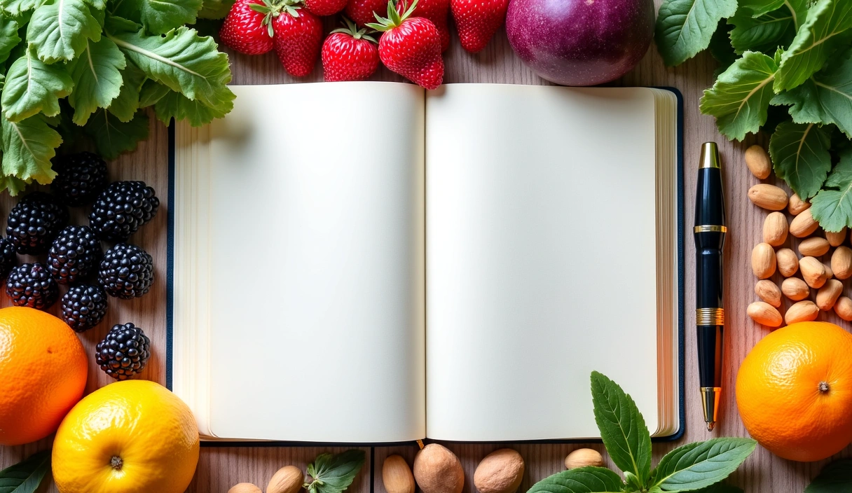 Disposición artística de un cuaderno, pluma y alimentos saludables, simbolizando el conocimiento nutricional