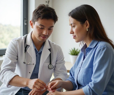Un médico o nutricionista interactuando con un paciente, simbolizando la atención especializada para condiciones de salud.