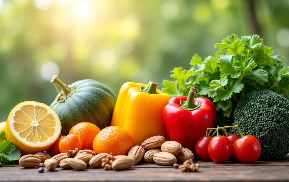 Una vibrante composición de alimentos frescos y saludables como frutas, verduras y frutos secos, dispuestos artísticamente en un entorno natural y luminoso.