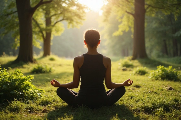 Una persona meditando en un entorno natural, simbolizando la conexión entre mente y alimentación.