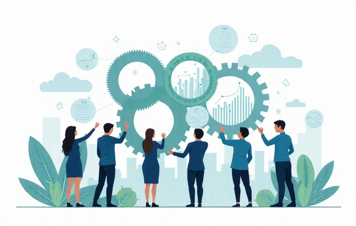 Ilustración de engranajes y personas trabajando en equipo, representando el uso eficiente y coordinado de datos
