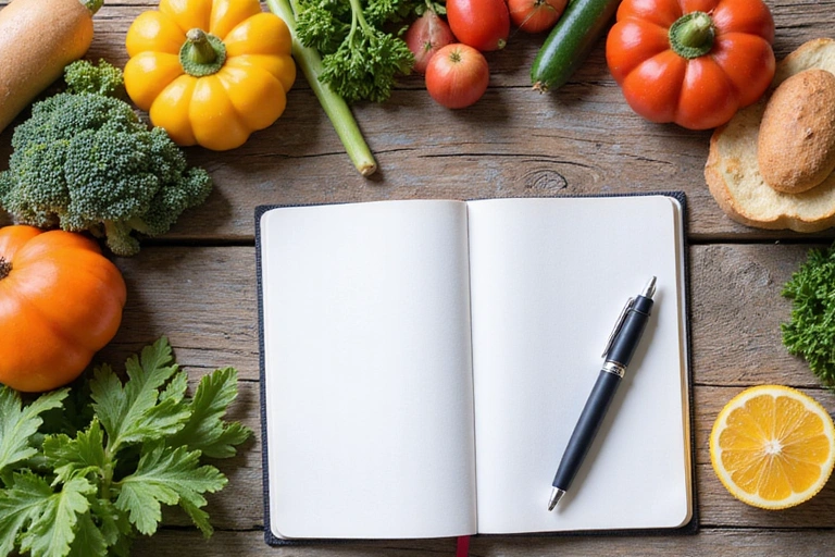 Mesa con alimentos variados y un cuaderno de notas, simbolizando la nutrición para la salud