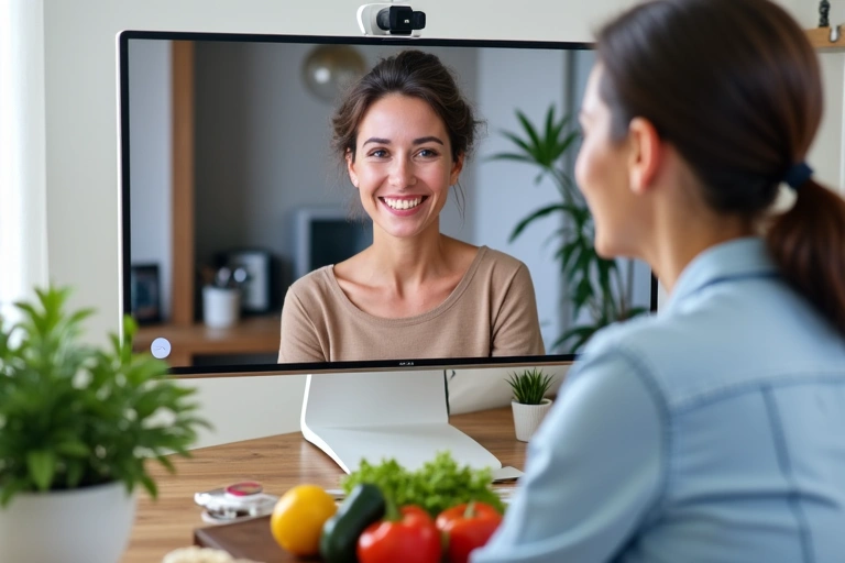 Mujer sonriendo durante una videollamada de consulta nutricional online
