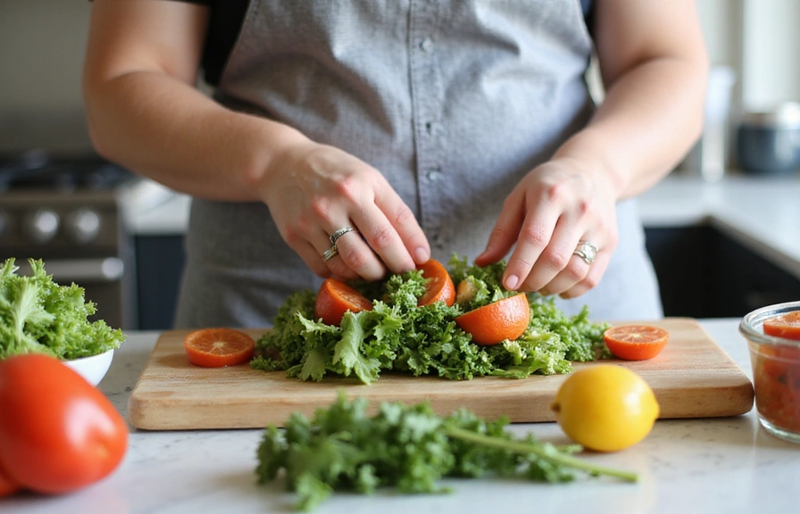 Persona preparando una ensalada fresca y colorida en una cocina moderna