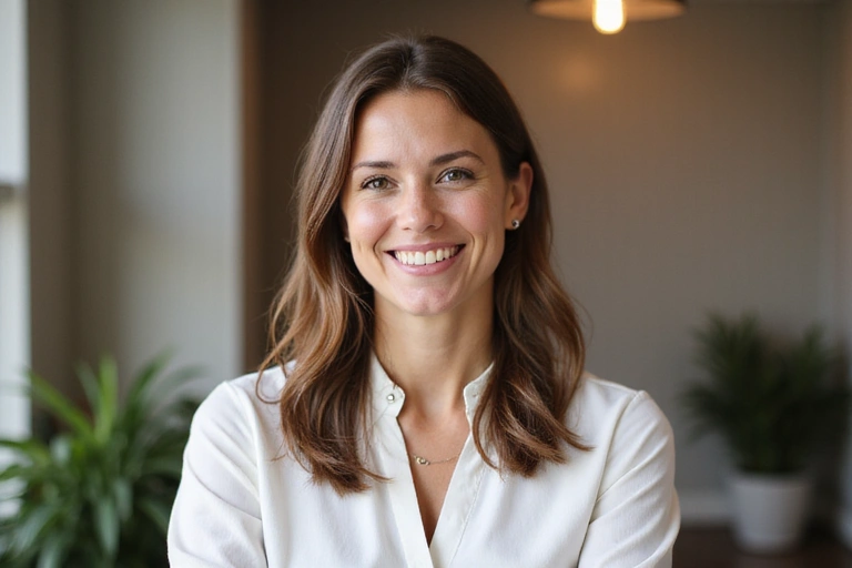 Retrato profesional de un nutricionista sonriendo, en un ambiente cálido y acogedor.