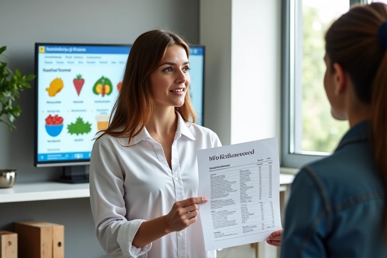 Nutricionista explicando un plan de alimentación a un cliente